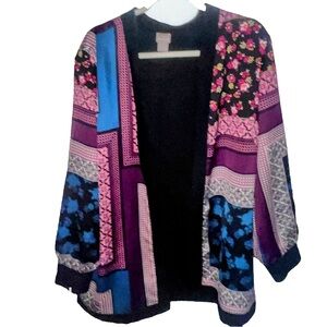 Chico’s Patchwork Satin Jacket Women’s Size 3 Open Front Side Slit Bohemian